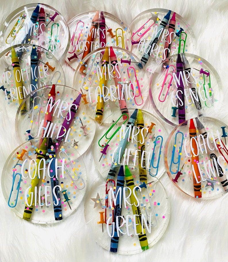 Personalized Resin Coasters for Teachers – Pencil & Crayon Design | Unique Teacher Gift Set (2 or 4) Canada