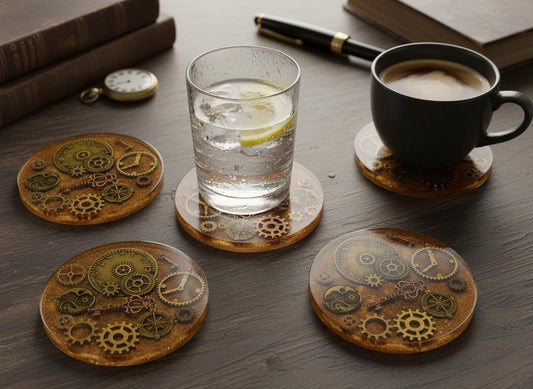 Steampunk Resin Coasters Set of 2 – Handmade Gear & Industrial Design | Unique Gothic Home Décor Canada