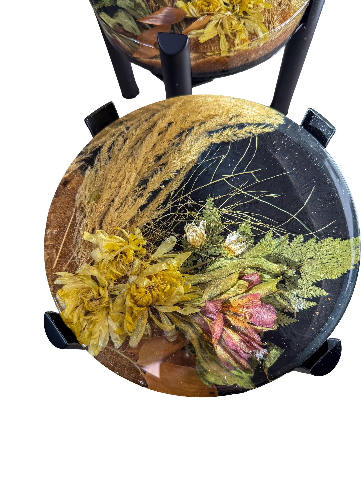 Resin Plant Stand with Dried Flowers & Metal Legs Botanical Display Stand Handmade Mica Art Decor Made in Canada