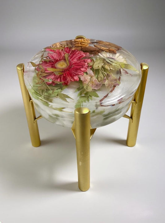 Resin Plant Stand with Dried Flowers & Metal Legs Botanical Display Stand Handmade Mica Art Decor Made in Canada
