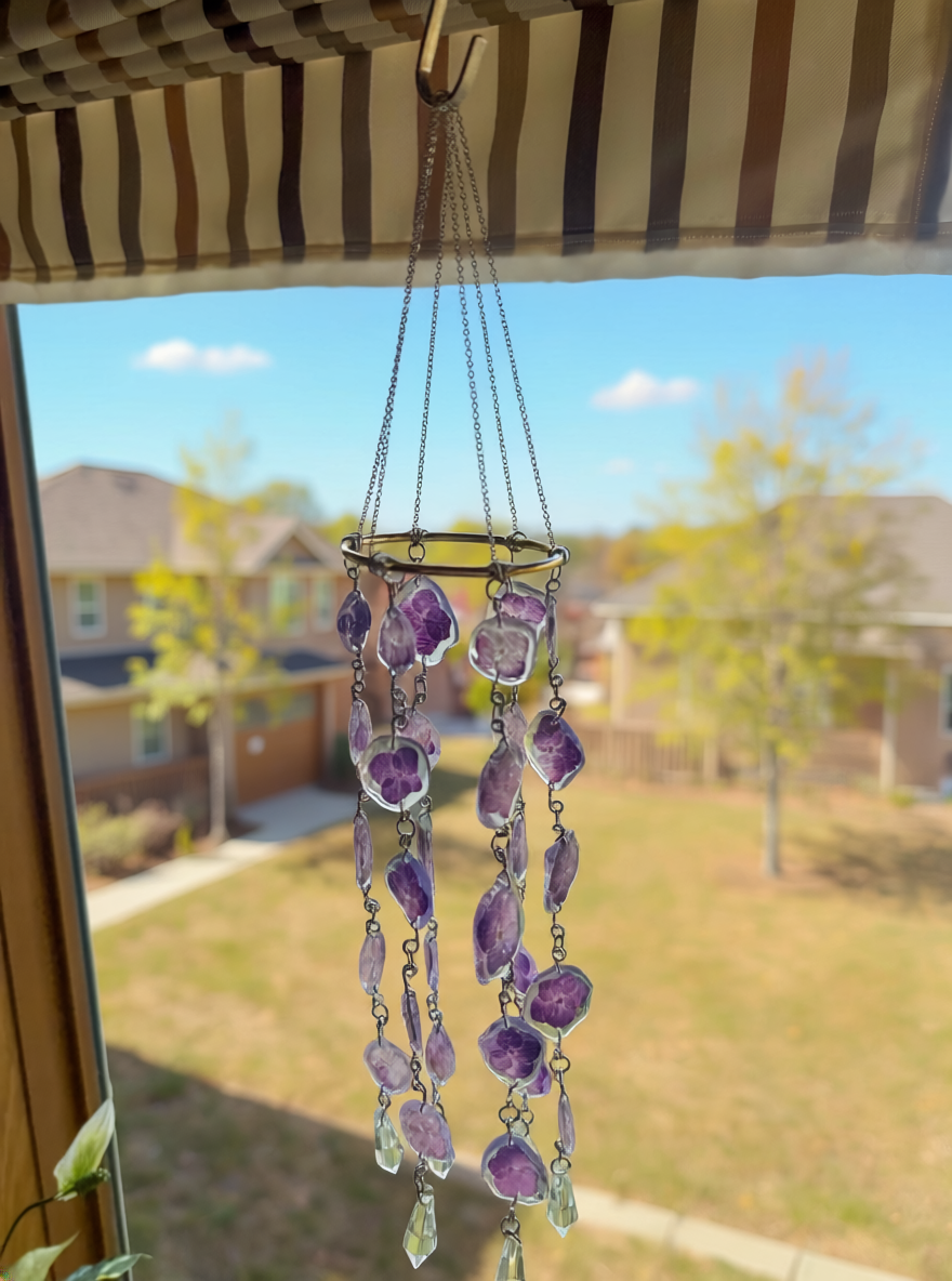 Resin Floral Suncatcher – Dried Flower Hanging Decor – Handmade Window Sun Catcher with Crystals – Boho Home Decor