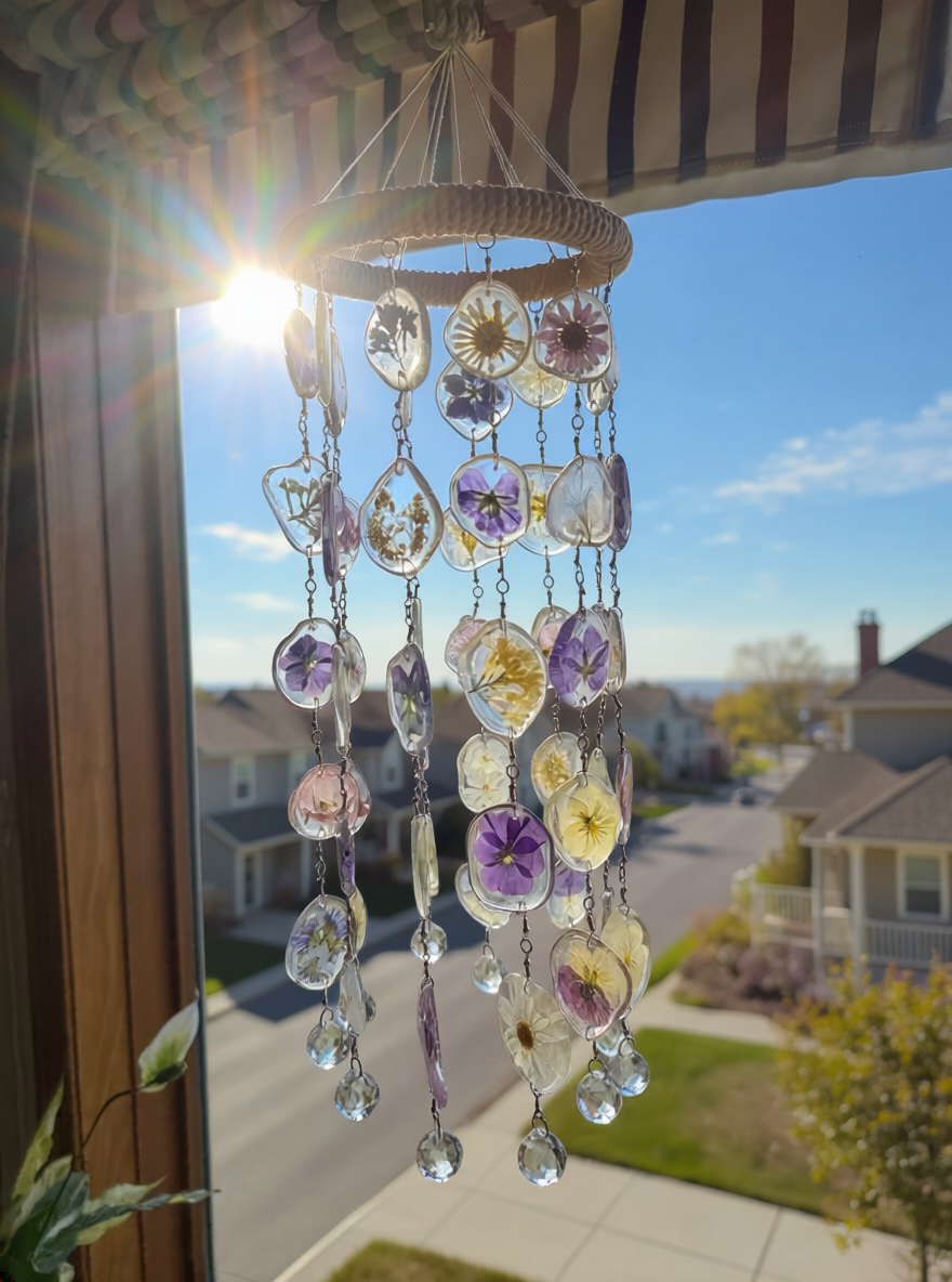 Resin Floral Suncatcher – Dried Flower Hanging Decor – Handmade Window Sun Catcher with Crystals – Boho Home Decor