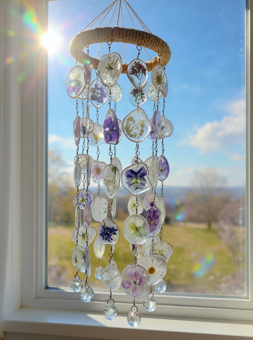 Resin Floral Suncatcher – Dried Flower Hanging Decor – Handmade Window Sun Catcher with Crystals – Boho Home Decor