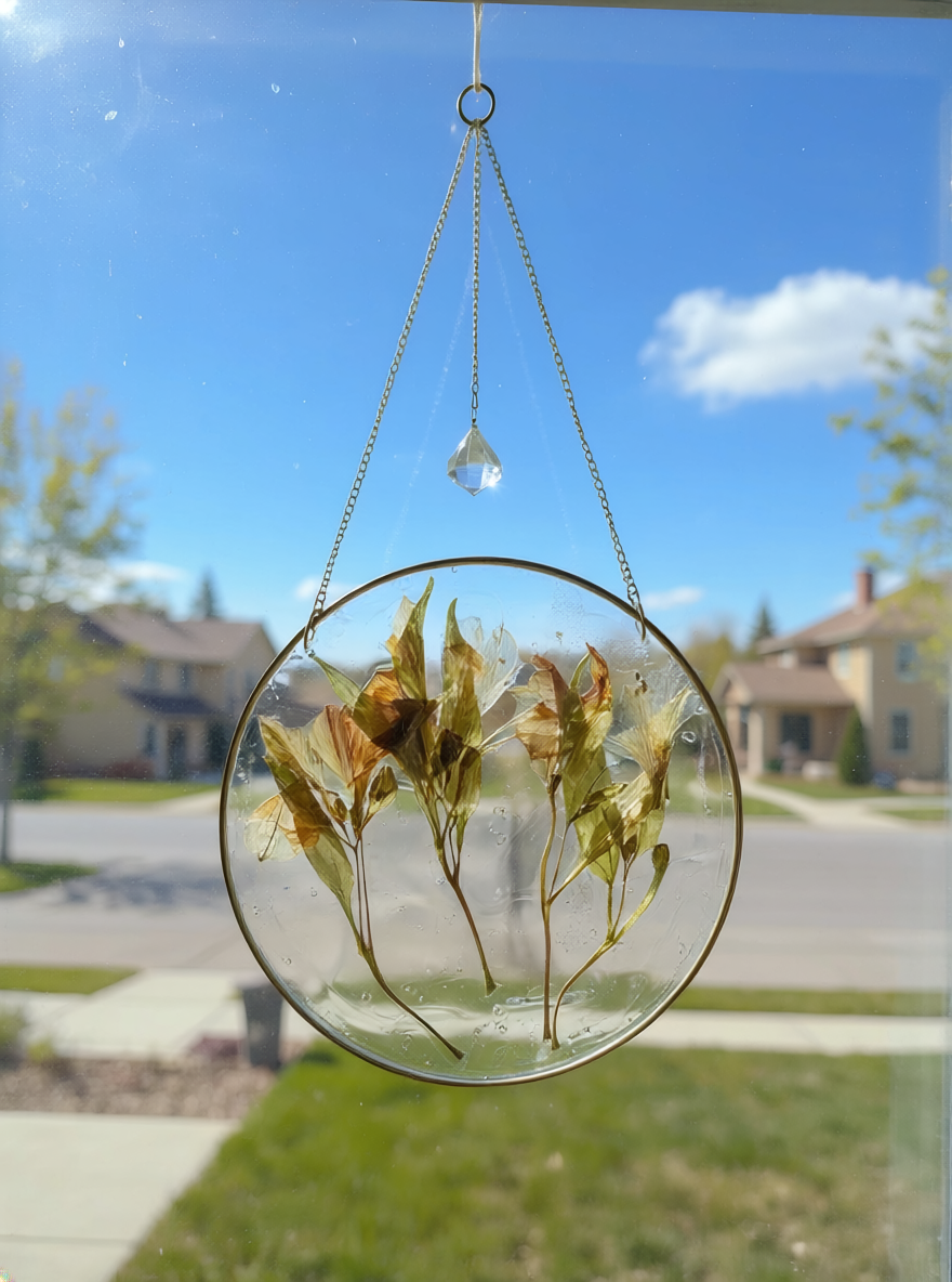 Floral Resin Suncatcher Made in Canada – Dried Flower Round Window Hanging – Handmade Boho Decor with Crystal Accent