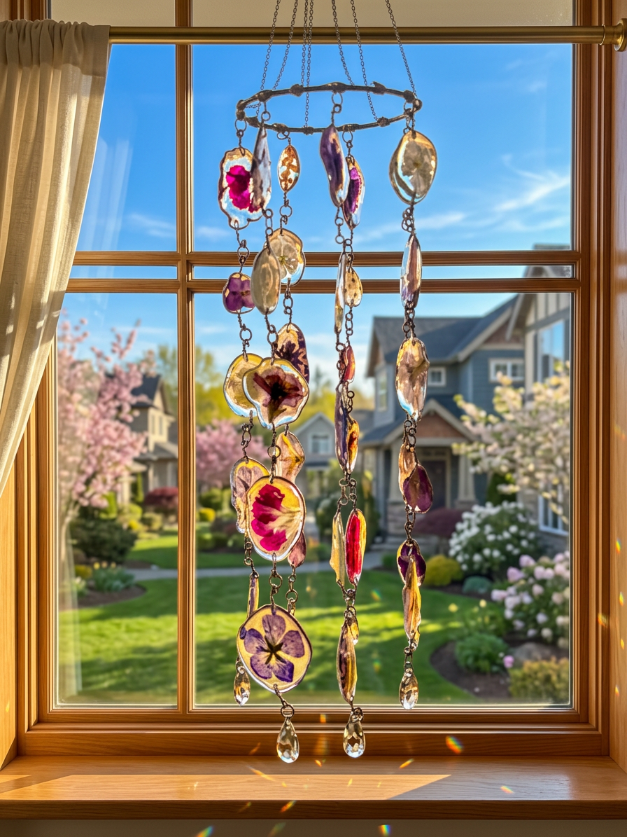 Resin Floral Suncatcher – Dried Flower Hanging Decor – Handmade Window Sun Catcher with Crystals – Boho Home Decor