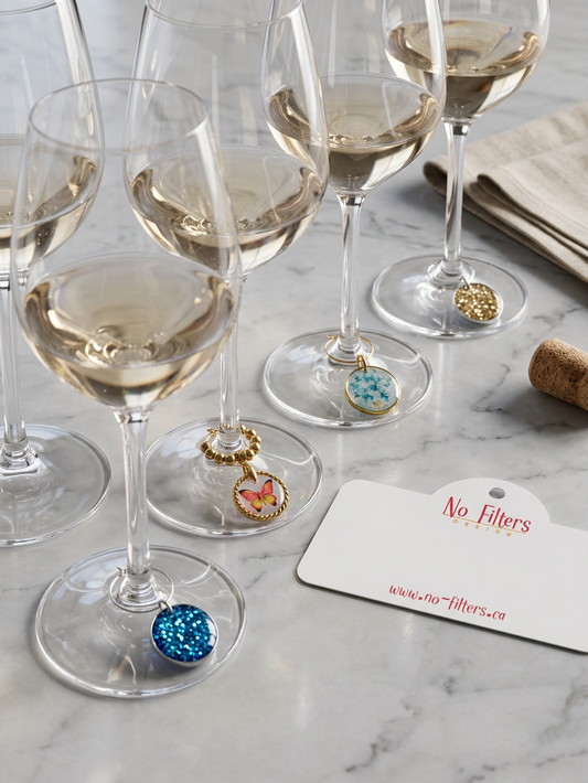 Wine Glass Charms Set of 4 – Resin Charms with Flowers, Butterflies & Sparkle – Gold or Silver Bezels – Party Drink Markers