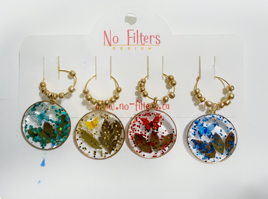 Wine Glass Charms Set of 4 – Resin Charms with Flowers, Butterflies & Sparkle – Gold or Silver Bezels – Party Drink Markers