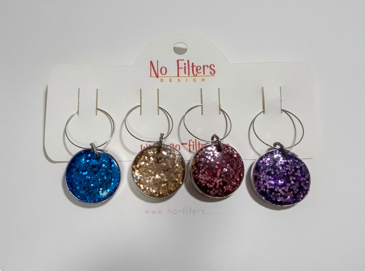 Wine Glass Charms Set of 4 – Resin Charms with Flowers, Butterflies & Sparkle – Gold or Silver Bezels – Party Drink Markers