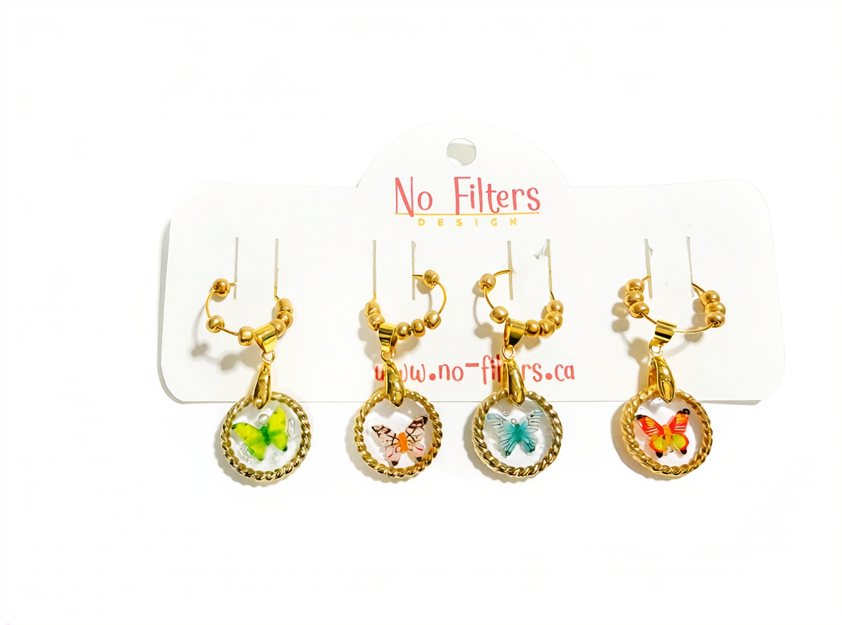 Wine Glass Charms Set of 4 – Resin Charms with Flowers, Butterflies & Sparkle – Gold or Silver Bezels – Party Drink Markers
