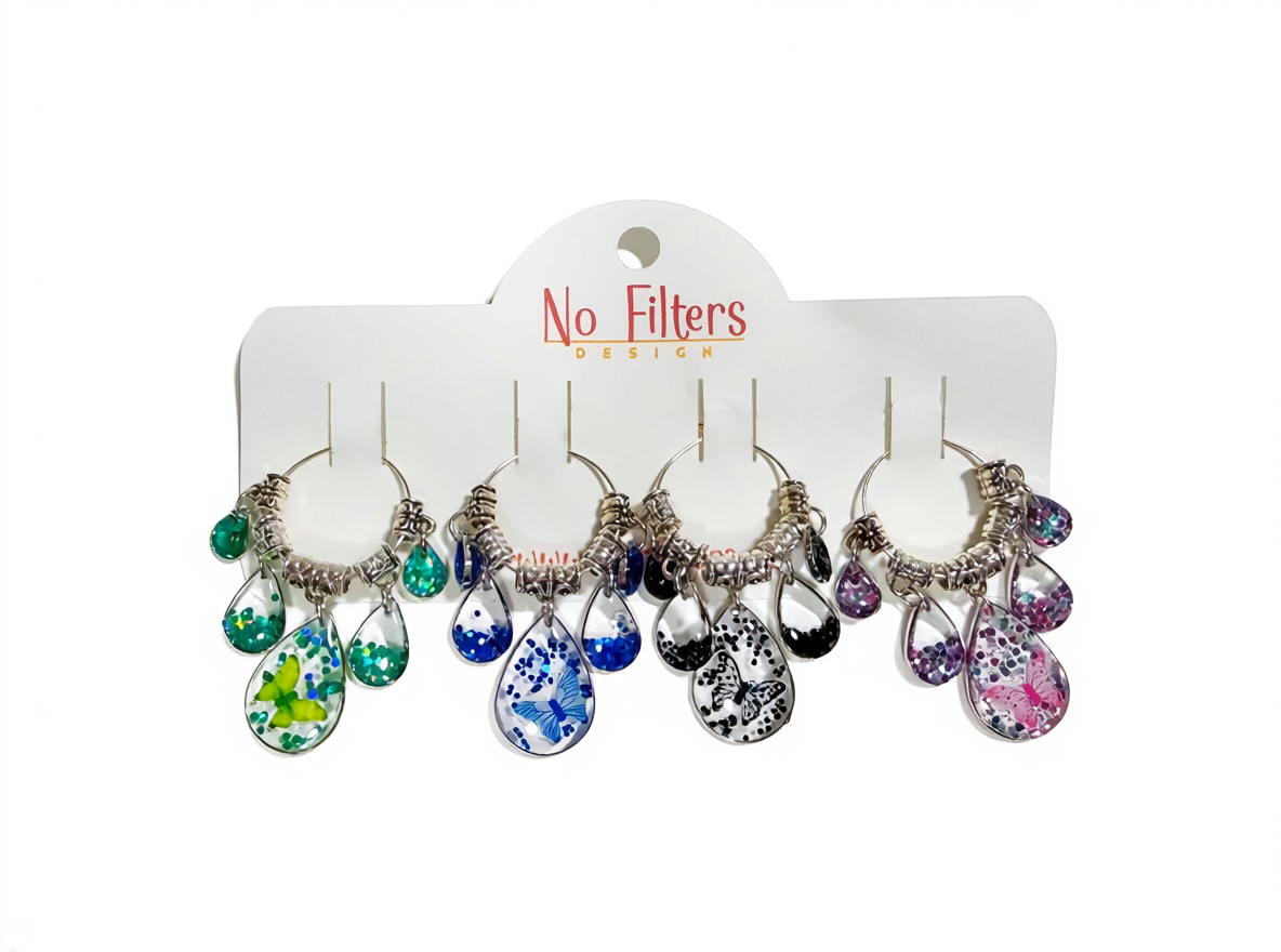 Wine Glass Charms Set of 4 – Resin Charms with Flowers, Butterflies & Sparkle – Gold or Silver Bezels – Party Drink Markers