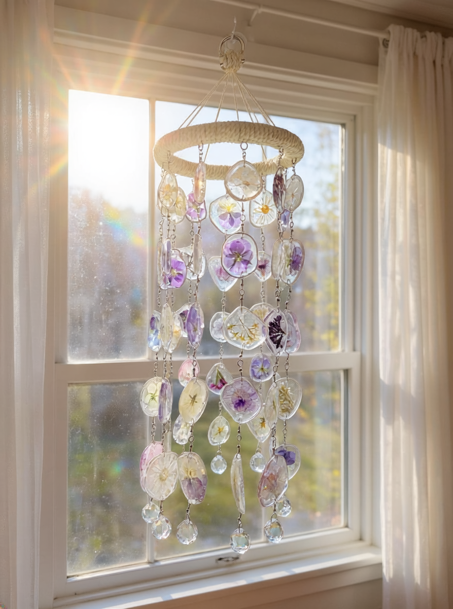 Resin Floral Suncatcher – Dried Flower Hanging Decor – Handmade Window Sun Catcher with Crystals – Boho Home Decor