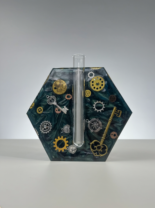 Steampunk Resin Propagation Station Made in Canada – Gear Plant Vase with Glass Vial – Industrial Plant Display Decor