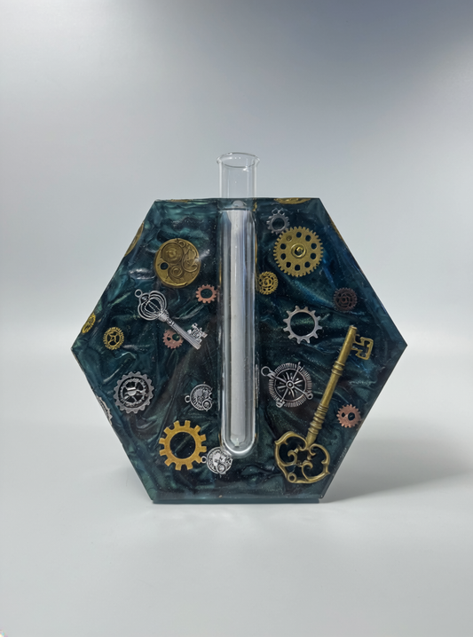 Steampunk Resin Propagation Station Made in Canada – Gear Plant Vase with Glass Vial – Industrial Plant Display Decor