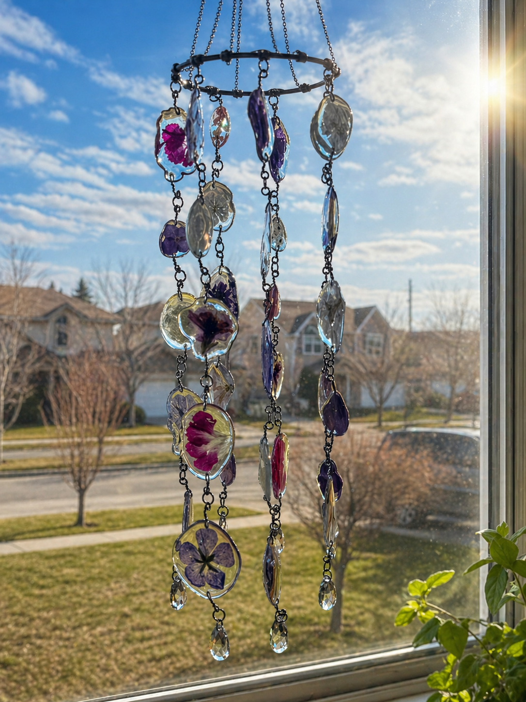 Resin Floral Suncatcher – Dried Flower Hanging Decor – Handmade Window Sun Catcher with Crystals – Boho Home Decor