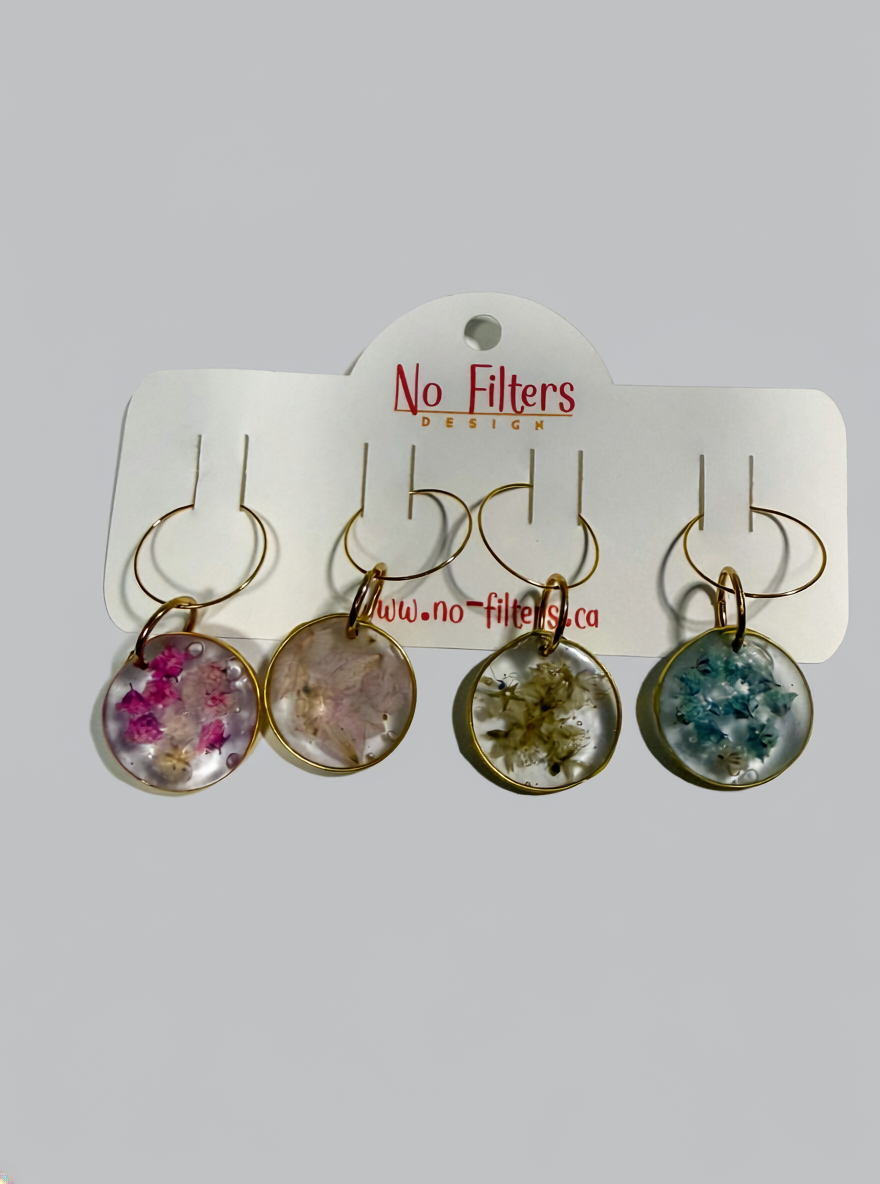Wine Glass Charms Set of 4 – Resin Charms with Flowers, Butterflies & Sparkle – Gold or Silver Bezels – Party Drink Markers