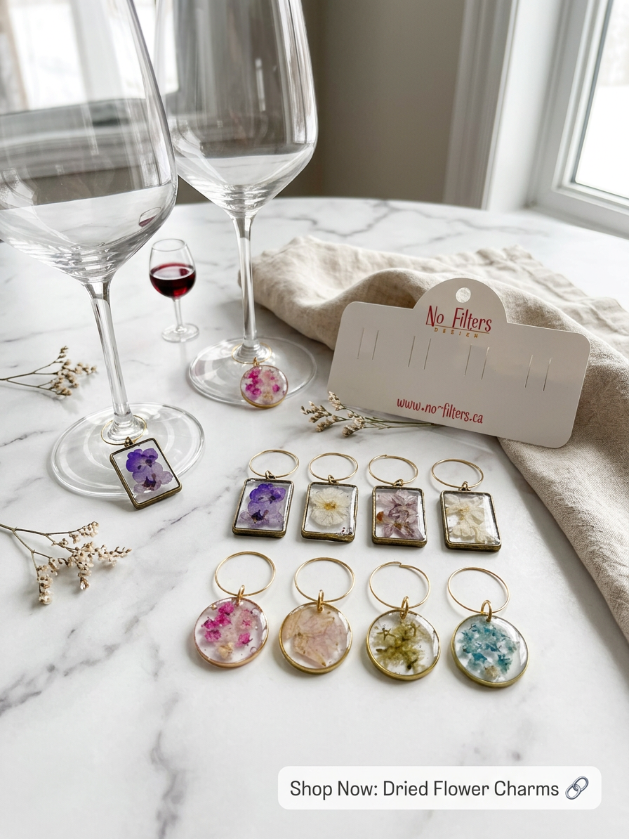 Wine Glass Charms Set of 4 – Resin Charms with Flowers, Butterflies & Sparkle – Gold or Silver Bezels – Party Drink Markers