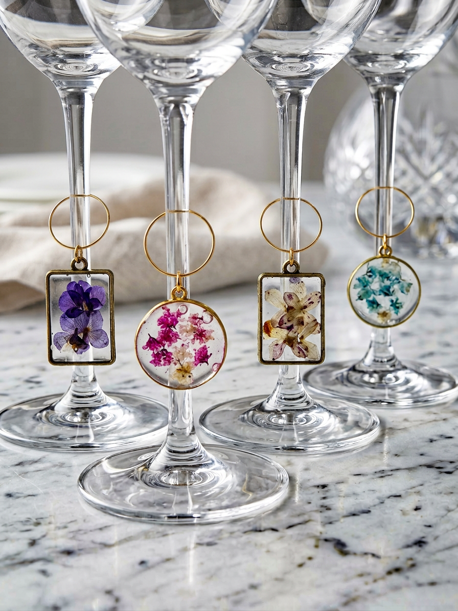 Wine Glass Charms Set of 4 – Resin Charms with Flowers, Butterflies & Sparkle – Gold or Silver Bezels – Party Drink Markers