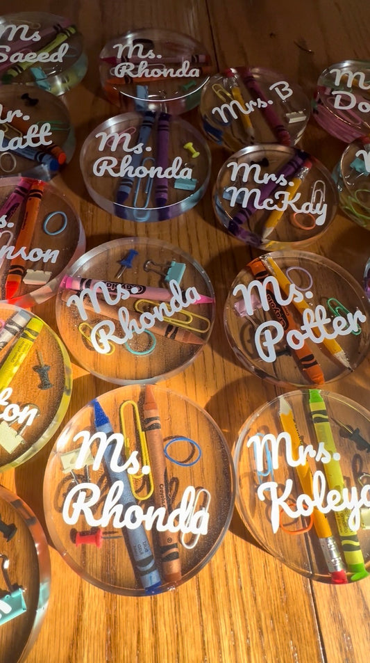 Personalized Resin Coasters for Teachers-Pencil and Crayon Design-Unique Teacher Gift Set (2 or 4) Canada