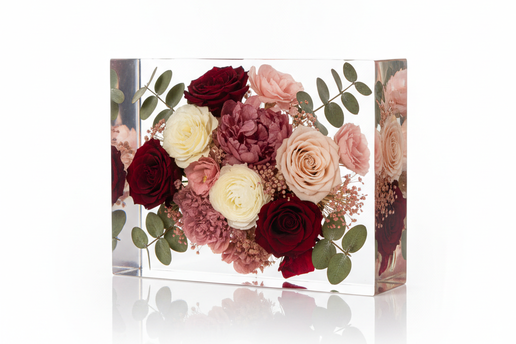 Clear Resin Block with Preserved Bouquet