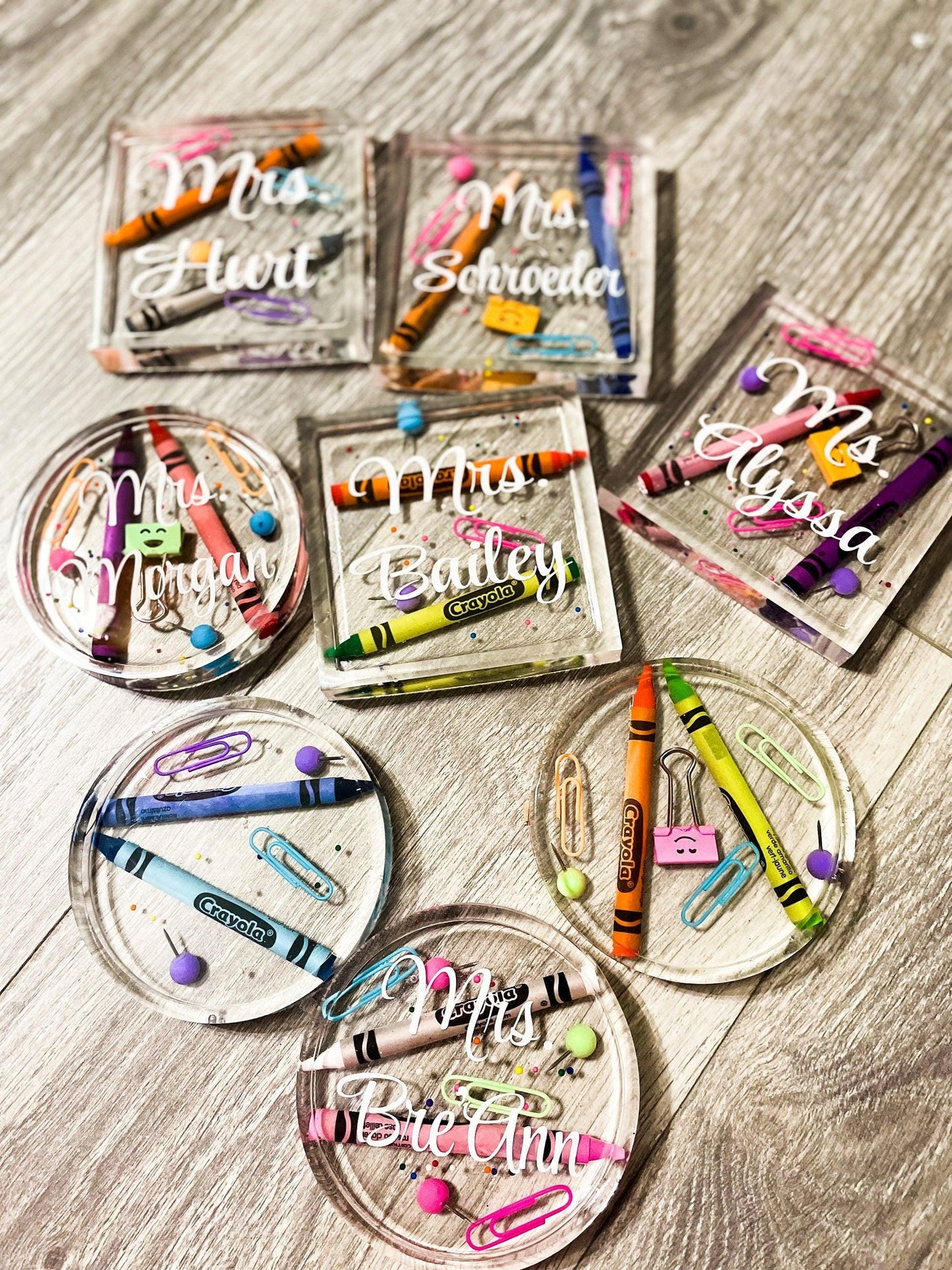 Personalized Resin Coasters for Teachers – Pencil & Crayon Design | Unique Teacher Gift Set (2 or 4) Canada