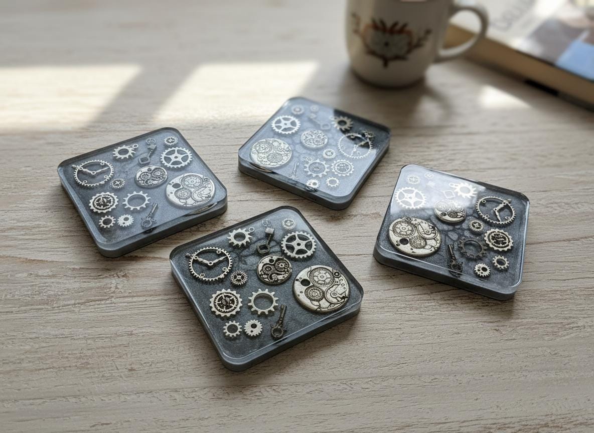 Steampunk Resin Coasters Set of 2 – Handmade Gear & Industrial Design | Unique Gothic Home Décor Canada