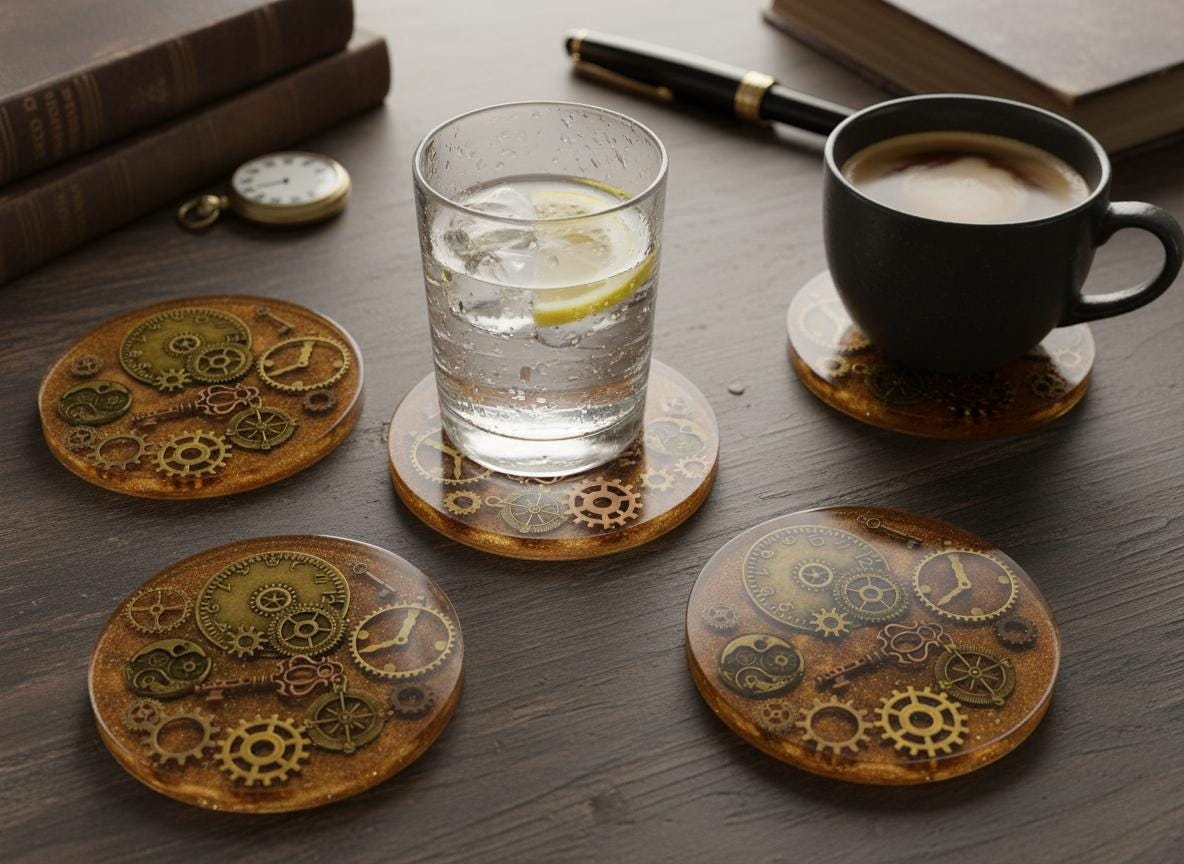 Steampunk Resin Coasters Set of 2 – Handmade Gear & Industrial Design | Unique Gothic Home Décor Canada