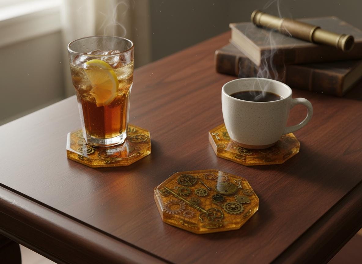 Steampunk Resin Coasters Set of 2 – Handmade Gear & Industrial Design | Unique Gothic Home Décor Canada