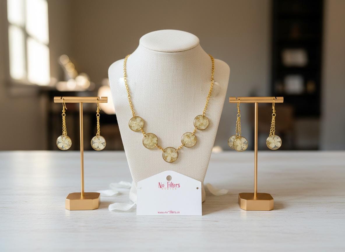 Real Dried Flower Resin Jewelry Set  Gold Plated Necklace 18 Inch Chain & Matching Earrings  Botanical Floral Gift for Her