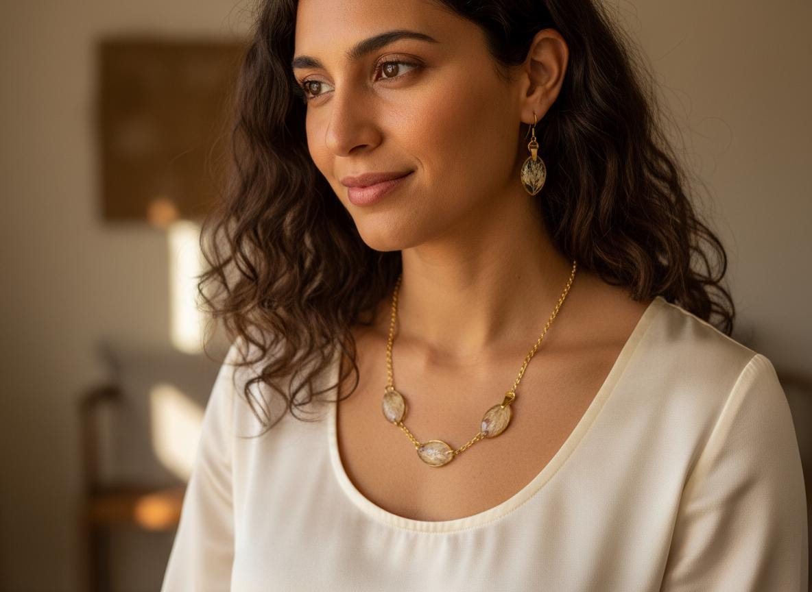 Real Dried Flower Resin Jewelry Set  Gold Plated Necklace 18 Inch Chain & Matching Earrings  Botanical Floral Gift for Her
