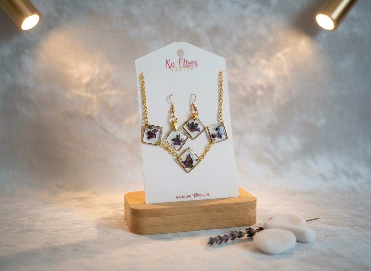 Real Dried Flower Resin Jewelry Set  Gold Plated Necklace 18 Inch Chain & Matching Earrings  Botanical Floral Gift for Her