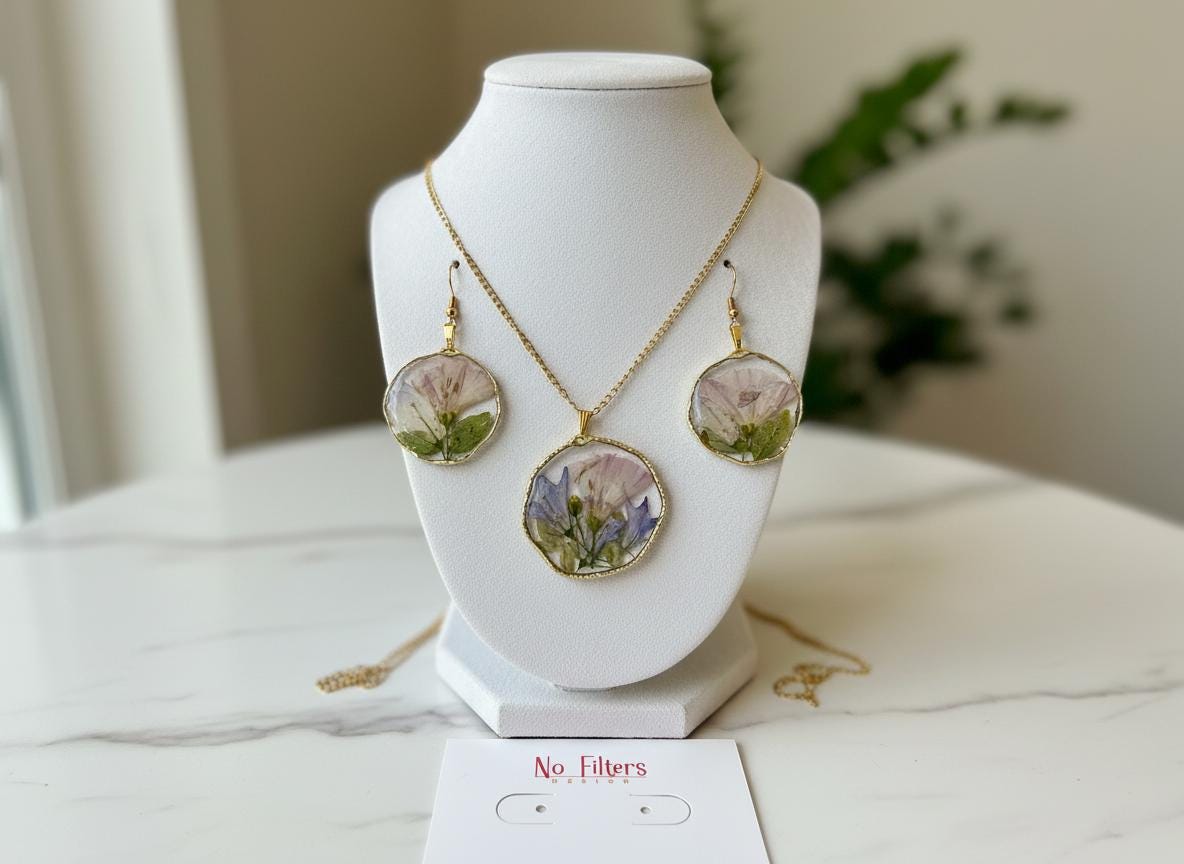 Real Dried Flower Resin Jewelry Set  Gold Plated Necklace 18 Inch Chain & Matching Earrings  Botanical Floral Gift for Her
