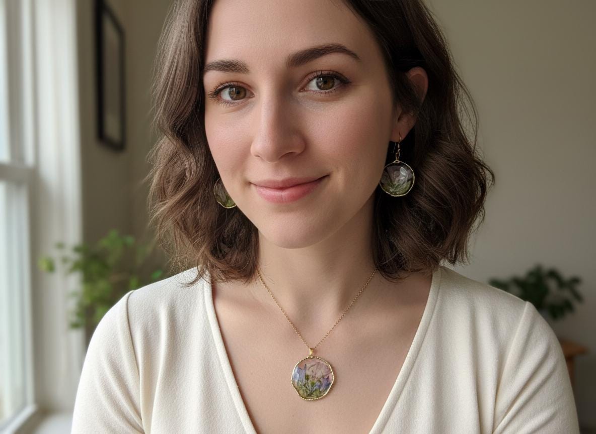 Real Dried Flower Resin Jewelry Set  Gold Plated Necklace 18 Inch Chain & Matching Earrings  Botanical Floral Gift for Her