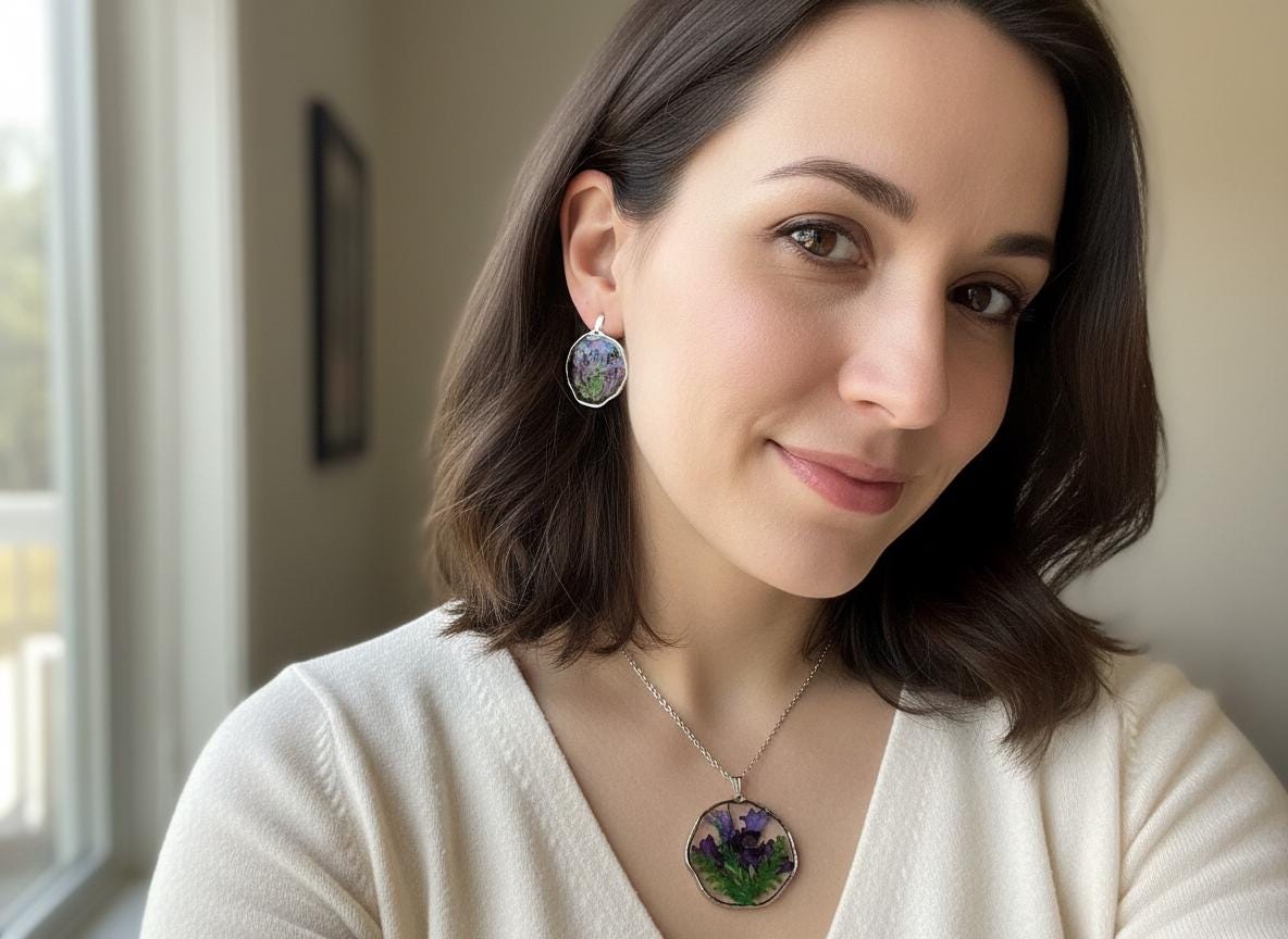 Real Dried Flower Resin Jewelry Set  Silver Plated Necklace 18 Inch Chain & Matching Earrings  Botanical Floral Gift for Her
