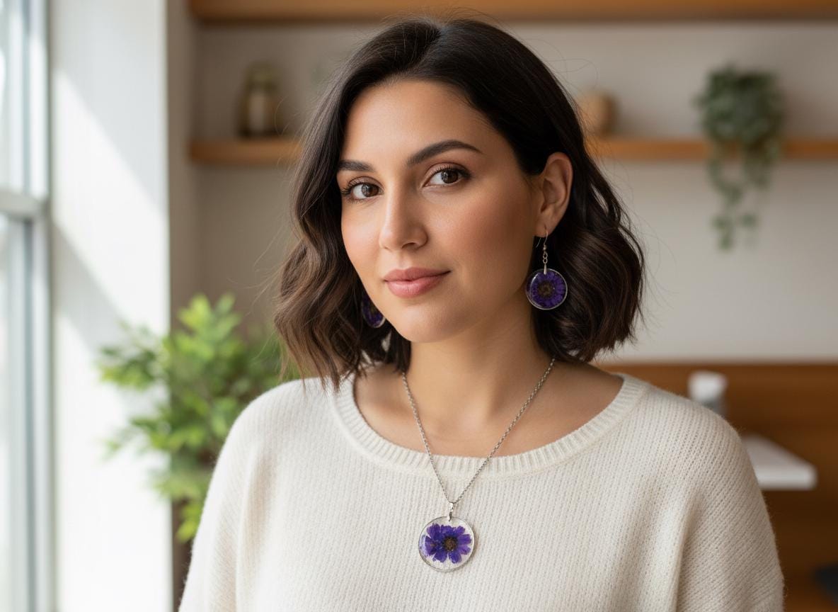 Real Dried Flower Resin Jewelry Set  Silver Plated Necklace 18 Inch Chain & Matching Earrings  Botanical Floral Gift for Her