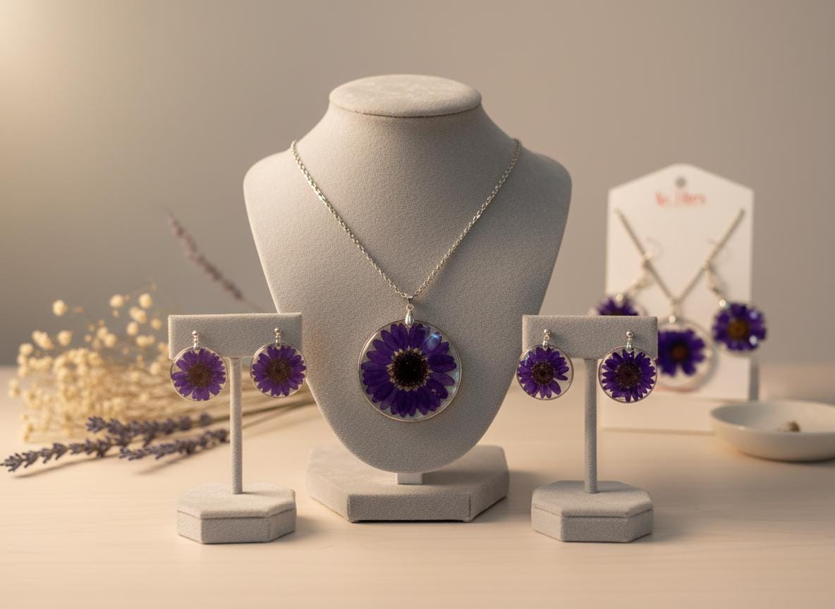 Real Dried Flower Resin Jewelry Set  Silver Plated Necklace 18 Inch Chain & Matching Earrings  Botanical Floral Gift for Her