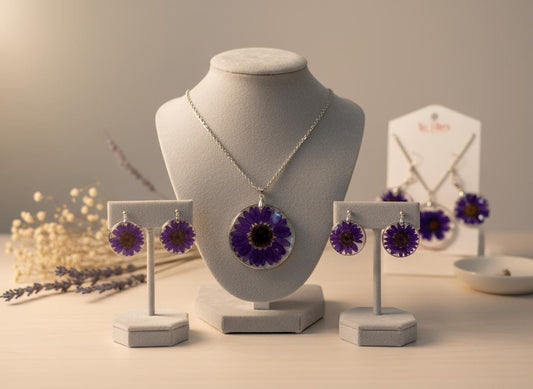 Real Dried Flower Resin Jewelry Set  Silver Plated Necklace 18 Inch Chain & Matching Earrings  Botanical Floral Gift for Her