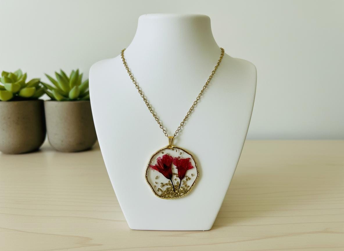 Real Dried Flower Resin Necklace  Gold or Silver Plated 18 Inch Chain  Botanical Handmade Floral Jewelry Gift