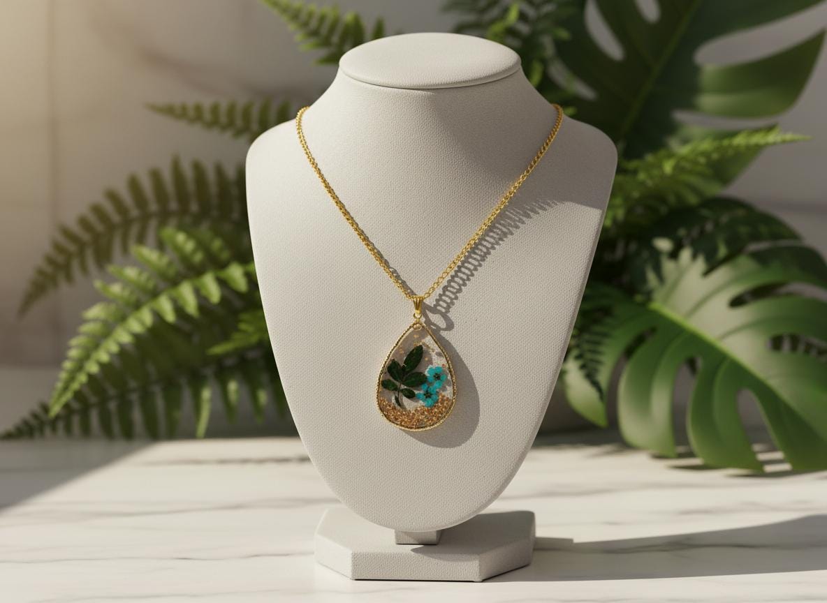 Real Dried Flower Resin Necklace  Gold or Silver Plated 18 Inch Chain  Botanical Handmade Floral Jewelry Gift