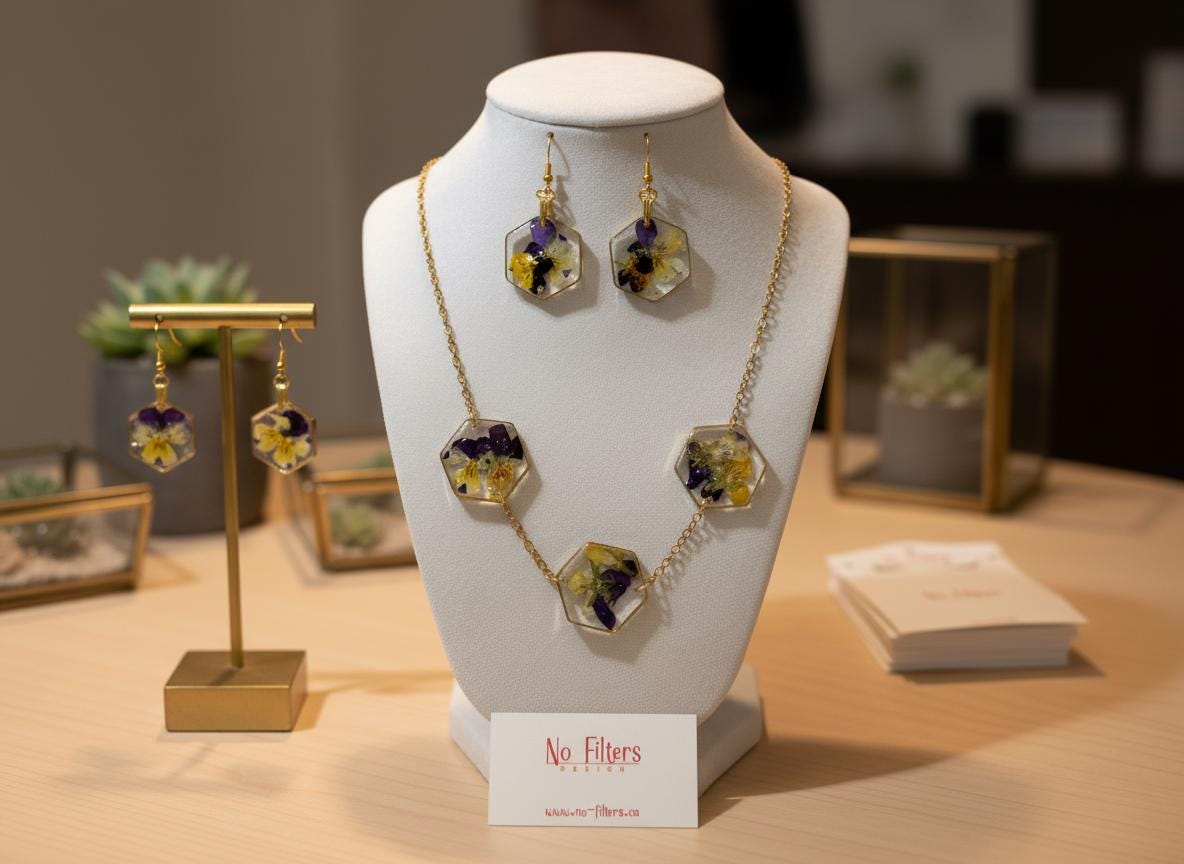 Real Dried Flower Resin Jewelry Set  Gold Plated Necklace 18 Inch Chain & Matching Earrings  Botanical Floral Gift for Her