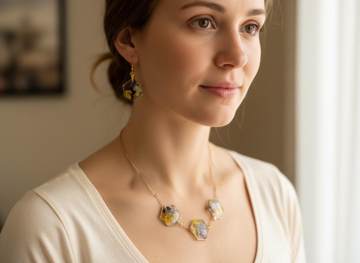 Real Dried Flower Resin Jewelry Set  Gold Plated Necklace 18 Inch Chain & Matching Earrings  Botanical Floral Gift for Her