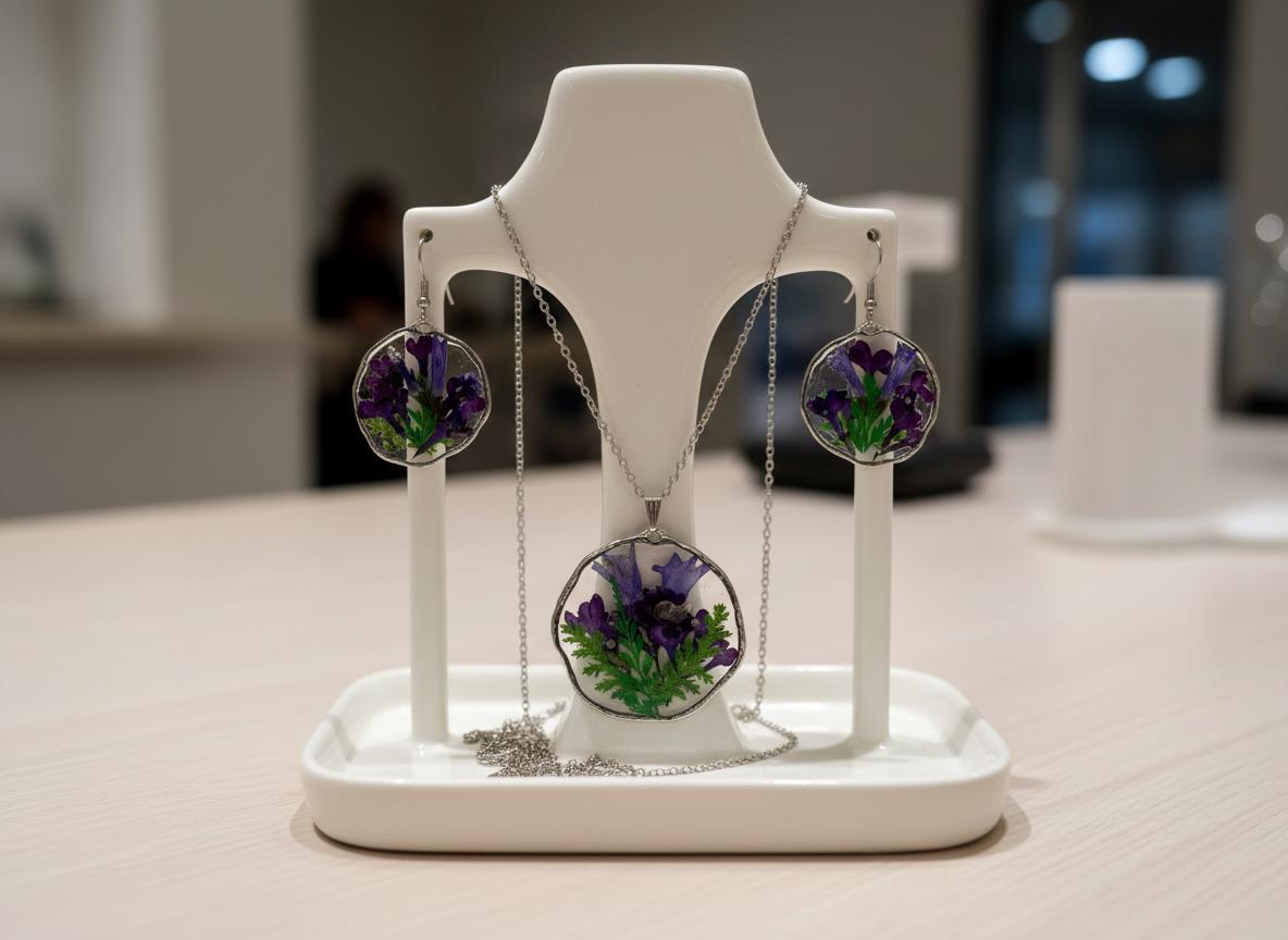 Real Dried Flower Resin Jewelry Set  Silver Plated Necklace 18 Inch Chain & Matching Earrings  Botanical Floral Gift for Her