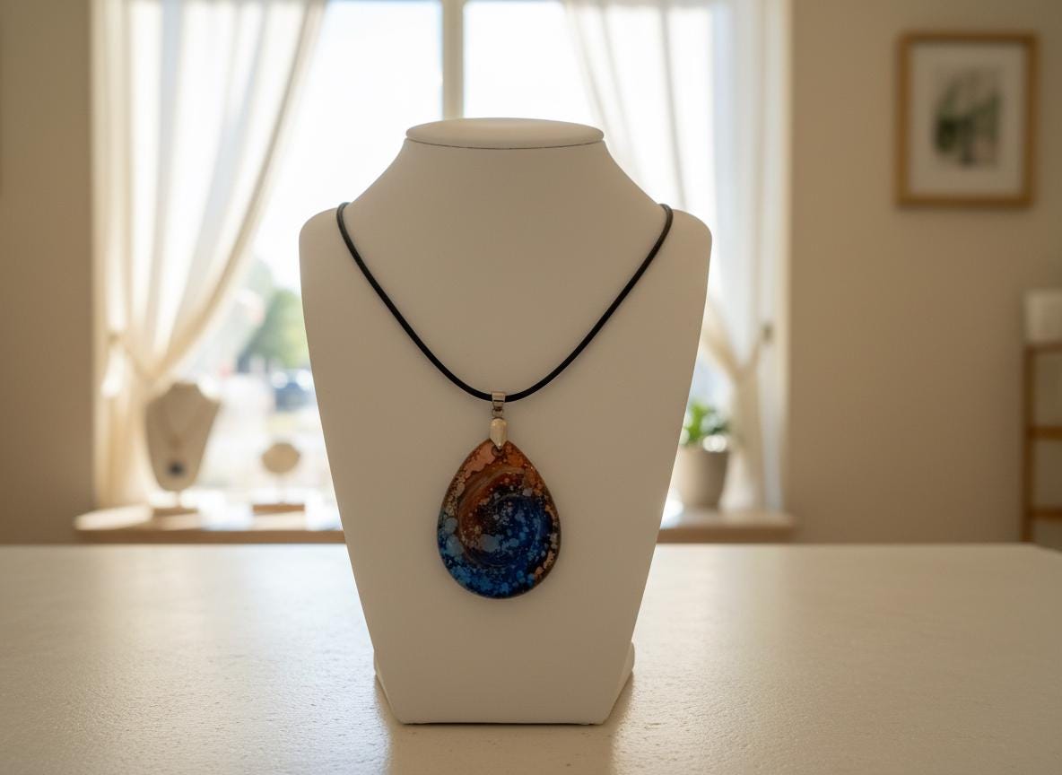 Petri Effect Resin Necklace  Abstract Fluid Art Pendant  18 Inch Nylon Chain  Handmade Statement Jewelry