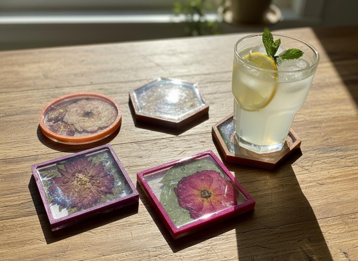Set of 2 Handmade Floral Resin Coasters  Real Pressed Flowers & Mica Accents | Botanical Home Décor Canada