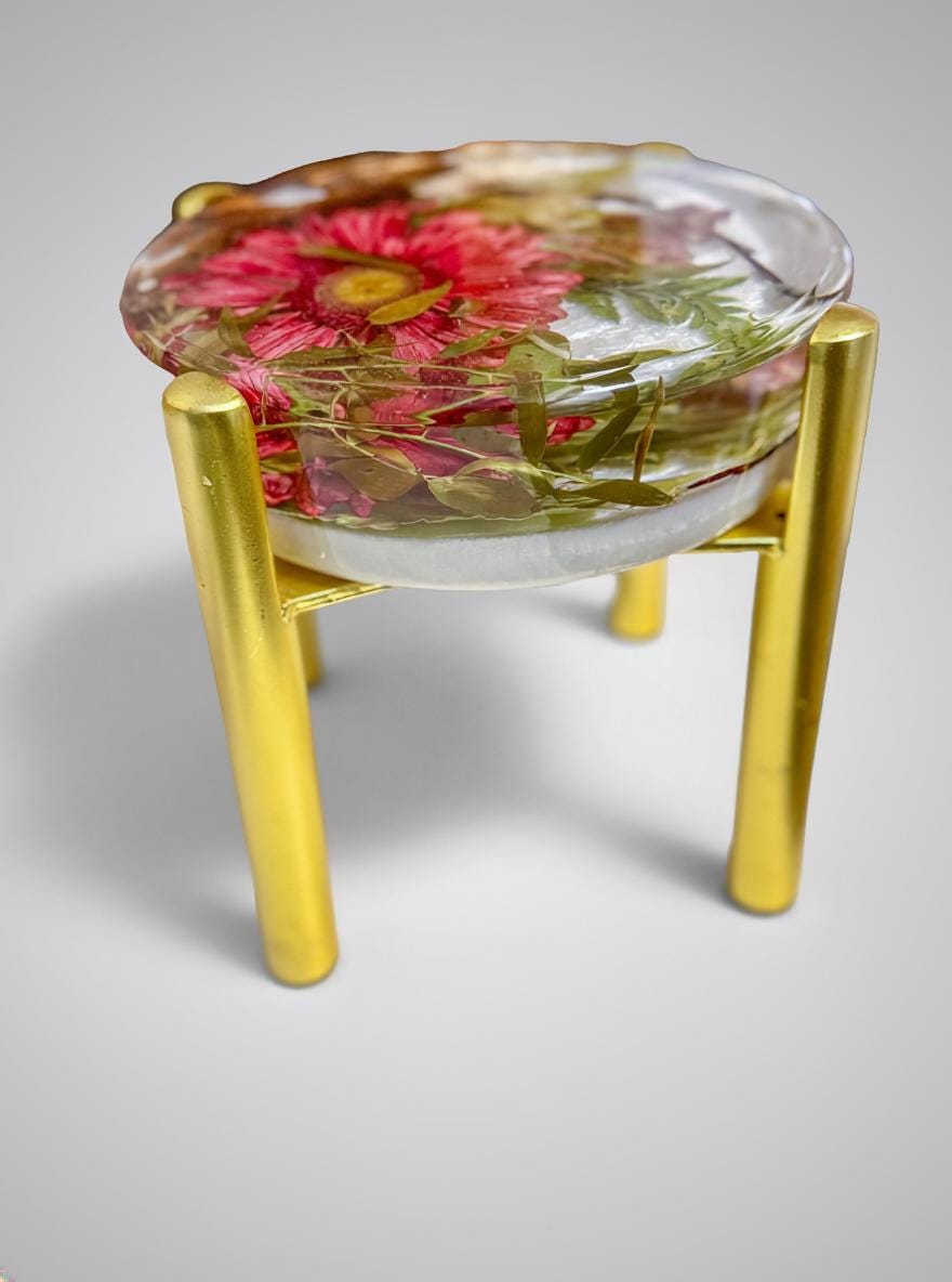 Resin Plant Stand with Dried Flowers & Metal Legs  Botanical Display Stand  Handmade Mica Art Decor  Made in Canada