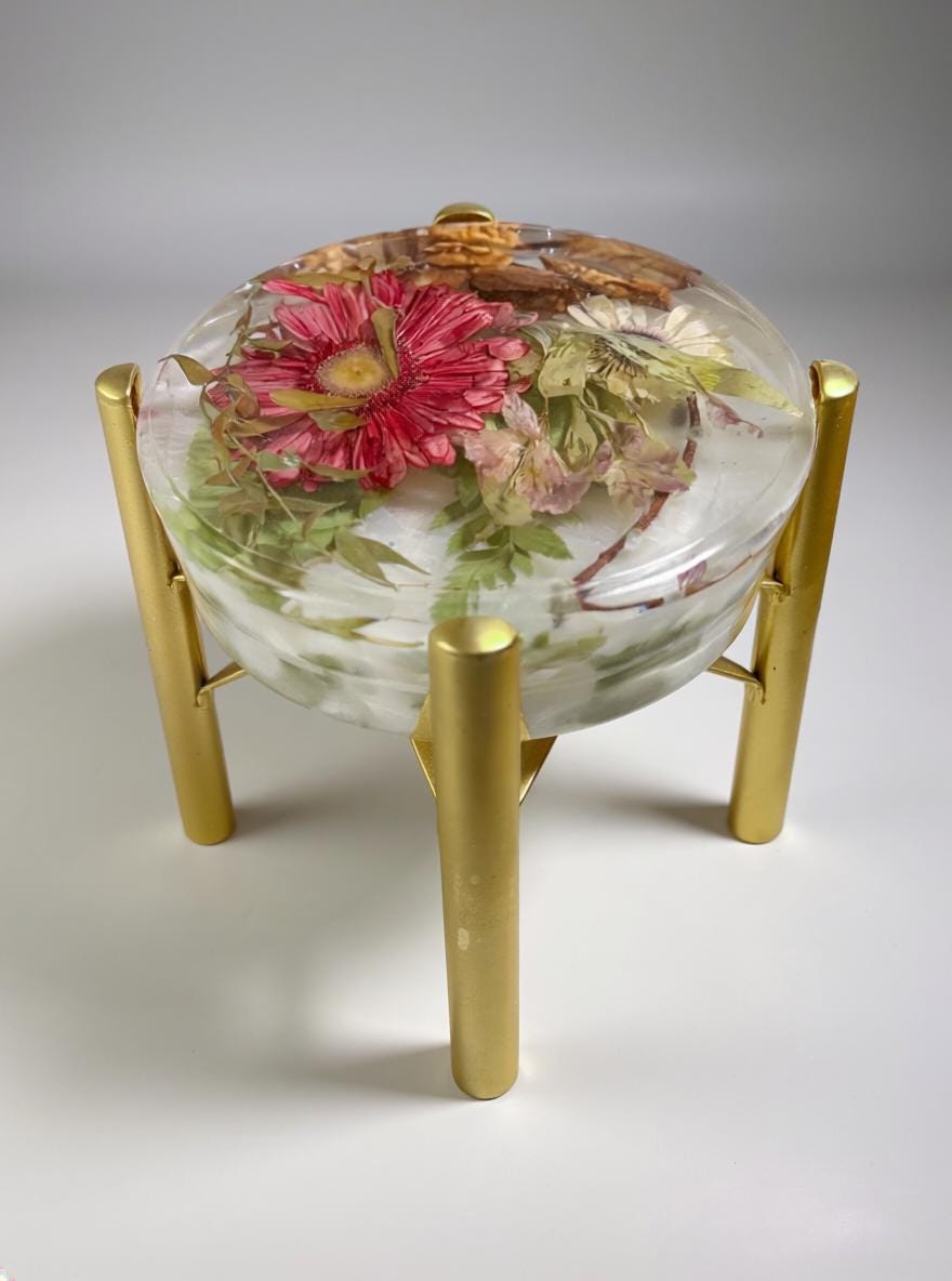 Resin Plant Stand with Dried Flowers & Metal Legs  Botanical Display Stand  Handmade Mica Art Decor  Made in Canada
