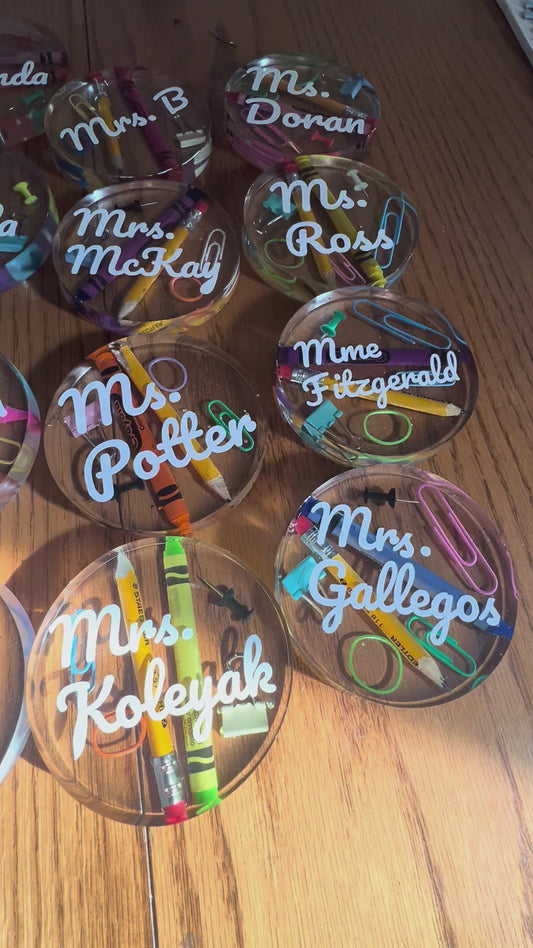Personalized Resin Coasters for Teachers-Pencil and Crayon Design-Unique Teacher Gift Set (2 or 4) Canada